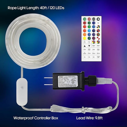 Rope Lights for Outside, 40FT 120LED Color Changing Rope Lights with Plug & Remote, 24 Colors RGB Twinkle Light Indoor Bedroom, LED String Light Outdoor Waterproof, Timer, for Christmas