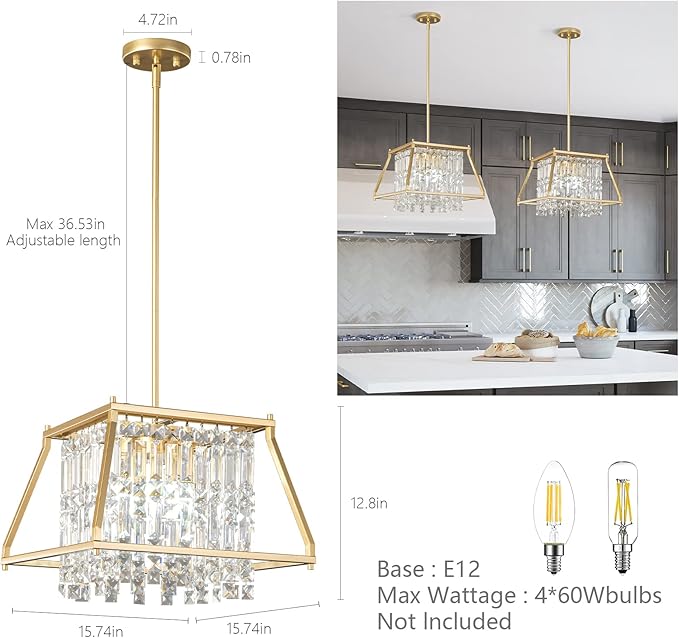 LMQNINE Farmhouse Chandelier - Gold Metal Crystal Pendant Light for Kitchen, Dining Room, Living Room - Flat and Inclined Ceiling (Trapezoid -15.74in)