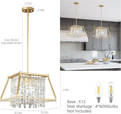 LMQNINE Farmhouse Chandelier - Gold Metal Crystal Pendant Light for Kitchen, Dining Room, Living Room - Flat and Inclined Ceiling (Trapezoid -15.74in)