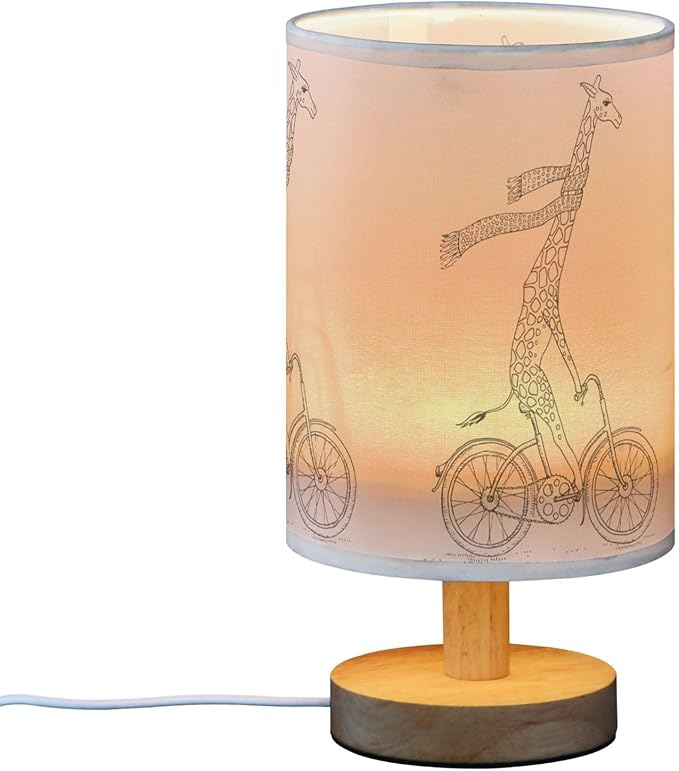Funny Giraffe in Scarf on Bicycle Cartoon Character on White Table Lamp with Wood Base Fabric Lamp Shade Bedside Nightstand Desk Lamp for Living Room Bedroom Kids Room Office