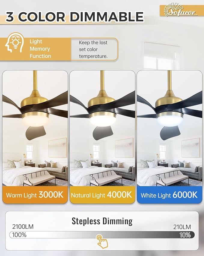 Sofucor 52 Inch Ceiling Fans with Lights and Remote, Outdoor Ceiling Fan with Light 6-Speed 3 CCT 3-Timer, Black Low Profile Ceiling Fan 5 Blade Reversible DC Motor for Living Room Bedroom Patio