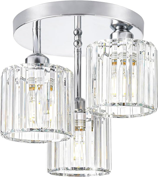 Lxybcce Crystal Ceiling Light Fixture, Chrome Semi Flush Mount Ceiling Light Fixture, 3-Light Hallway Lighting with Clear Crystal Shades for Kitchen Entryway Bedroom Bathroom Foyer, E26
