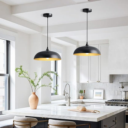 Eustace Ceiling Mounted 14 inch Round Dome Modern Farmhouse Style Chandelier, Matte Black Metal Pendant Light Fixture,Kitchen Island, Dining Room,Bedroom, Hallway