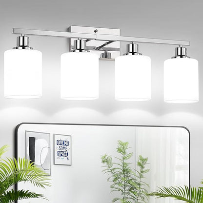 MOKATNG 4-Light Vanity Light with Milky White Shades, Chrome Bathroom Lighting Fixtures Over Mirror, Modern Bathroom Wall Lamp for Mirror Living Room Cabinet Bedroom
