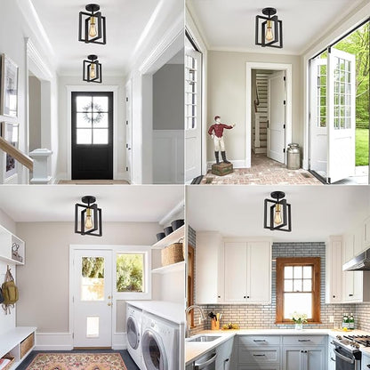 2 Pack Semi Flush Mount Ceiling Light,Black Metal Frame Ceiling Light Fixture with Golden Lamp Cup, Farmhouse Light Fixture for Kitchen Island Entryway Porch Foyer