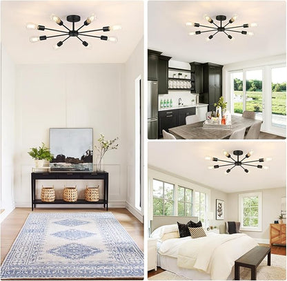 Lomoky 8-Lights Semi Flush Mount Ceiling Light, Matte Black Hallway Ceiling Lighting with E26 Base, Modern Sputnik Light Fixtures for Kitchen Dining Room Bedroom Living Room