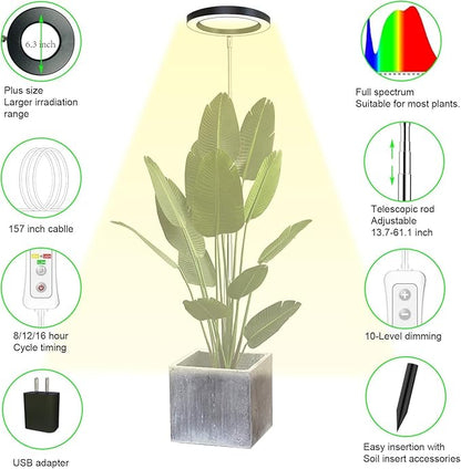yadoker Plant Grow Light,LED Growing Light Full Spectrum for Indoor Plants,Aluminum Black Plant Lights,Height Adjustable, Automatic Timer, 5V Low Safe Voltage