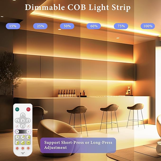 COB Smart LED Strip Light - 16.4ft/5m 2700K Warm White 24V Dimmable Strip Light with Remote High-Density 2400LEDs CRI90+ Compatible with Alexa/Google Assistant Cuttable Tape for Bedroom Wardrobe