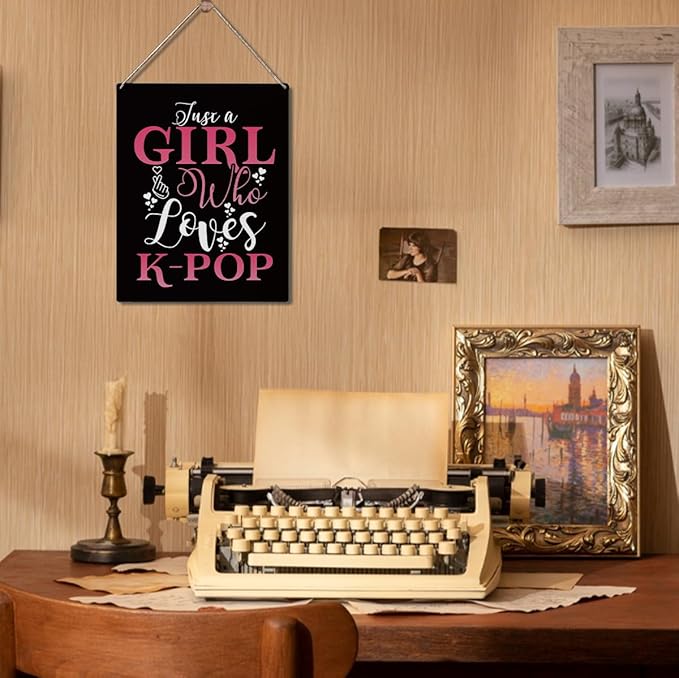 K-Pop Decor, Just a Girl Who Loves K-Pop Room Decor Wood Sign, Girls K-Pop Gifts Rustic Anime Lovers Wooden Hanging Plaque for Home Living Room Girl Bedroom Wall Art Decoration