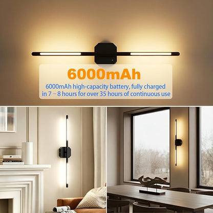 Rechargeable Wall Sconce Single, 35Hrs+ Battery Operated Wall Lights, Wireless with Remote, 360° Rotatable, Dimmable 3-Color LED, Cordless Wall Light for Bedroom, Living Room, 23 in Black