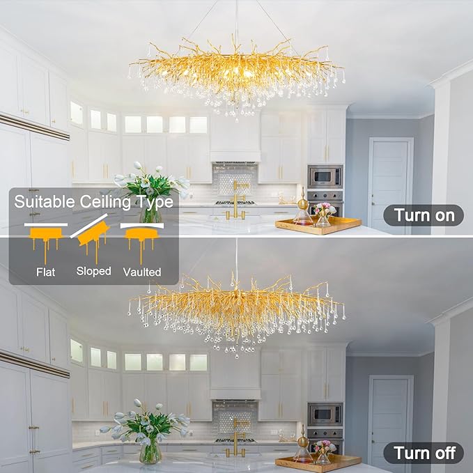 70.87 Inch Modern Crystal Chandeliers, Large Gold Branch Raindrop Chandelier, Rectangle Chandelier Lighting Fixture 19-Light for Foyer Entryway High Ceiling Dining Room, Living Room
