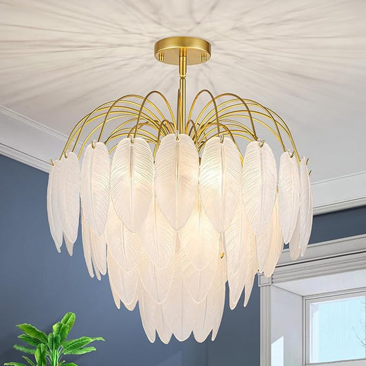 LumFurn 8-Light Gold Chandeliers, 4-Tier Modern Pendant Light Fixture for Dining Room, Living Room, D21 x H24~54" Adjustable Height, Frosted Feather-Shaped Glass Shade & Brass Finish Frame