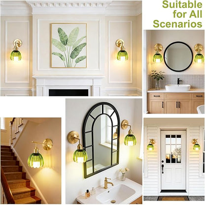 Vintage Gold Wall Sconces with Green Tulip Glass Lampshade, Hardwired Wall Lamp (2 Usage Methods), Brass Sconces Hradwired Modern Wall Light Fixture for Bedroom Living Room