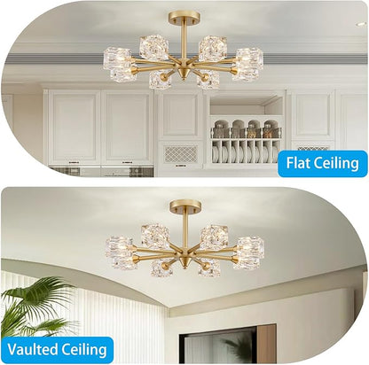 XINGQI Semi Flush Mount Ceiling Light Fixture Modern Sputnik Chandeliers 8 Lights Gold Chandelier, Fashion Lighting for Bedroom Dining Room Farmhouse Kitchen Office