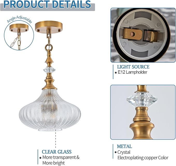 3-Light Chandelier,Vintage Gold Farmhouse Pendant Light Fixture for Kitchen,Adjustable Hanging Lighting with Clear Glass Shade for Hallway Bedroom Entryway Dining Room Island
