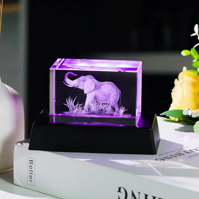 YWHL 3D Crystal Elephant Figurine With Colorful Light Base, Laser Engraved Gifts for Women Men on Christmas Birthday, Animal Collection for Home Table Decor, Clear