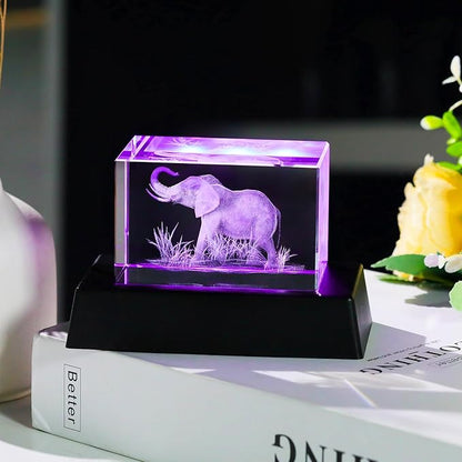 YWHL 3D Crystal Elephant Figurine With Colorful Light Base, Laser Engraved Gifts for Women Men on Christmas Birthday, Animal Collection for Home Table Decor, Clear