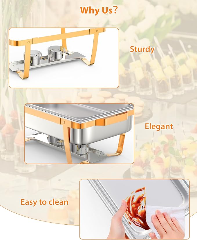 6 Pack Chafing Dishes for Buffet, Stainless Steel Catering Chafer with Lids, Pans & Fuel Holder, 8QT Food Warmers for Parties Buffet, Buffet Servers and Warmers for Parties, Events, Weddings, Gold