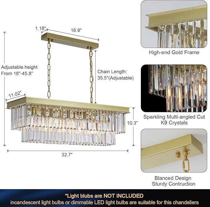 A AXILIXI Rectangular Crystal Chandelier Gold for Dining Room Modern Chandelier Rectangle Linear Pendant Light Fixtures for Kitchen Island L33” K9 Luxury Long Chandelier for Living Room