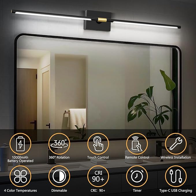 1 Pack Battery Operated Wall Sconce - 10000mAh Wireless Sconce Rechargeable Wall Light with Remote and Touch, 360° Rotate 4CCT Cordless Wall Lamp for Bedroom Living Room Hallway, 31.5 Inch, Black