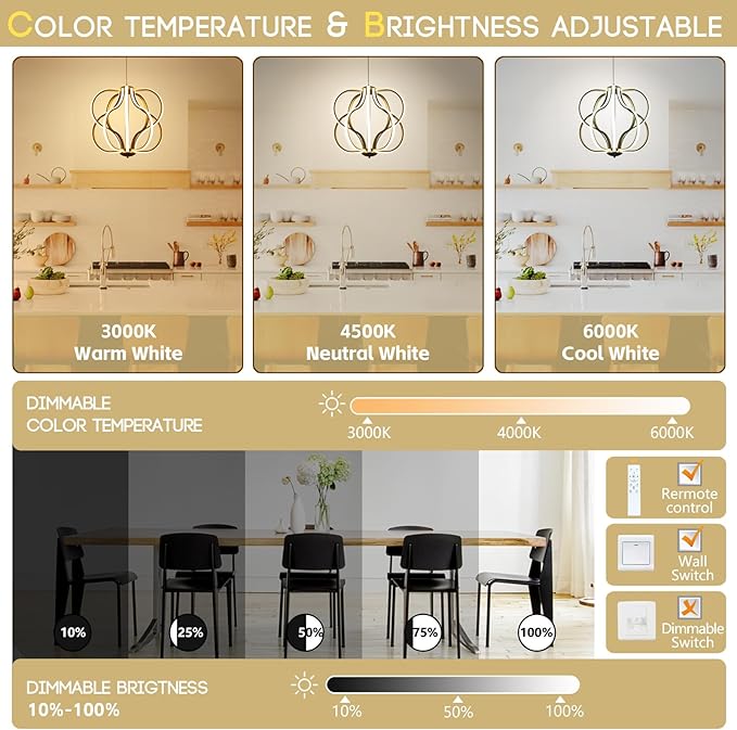 CHYING Modern Gold Chandelier with Remote Control, 10-Light 100W 3-Color Temperature Dimmable LED Chandelier for Living Room, Hanging Adjustable Pendant Light for Dining Room Kitchen Entryway Foyer
