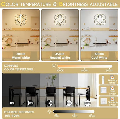 CHYING Modern Gold Chandelier with Remote Control, 10-Light 100W 3-Color Temperature Dimmable LED Chandelier for Living Room, Hanging Adjustable Pendant Light for Dining Room Kitchen Entryway Foyer
