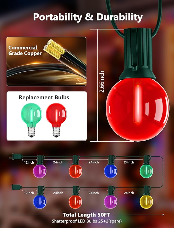 50Ft G40 Multicolor Christmas Lights Outdoor, Outdoor Christmas String Lights with 27 G40 LED Globe Colored Bulbs, Hanging Patio String Lights for Outside Xmas Tree Backyard Porch Party Roofline