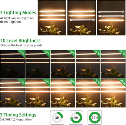 RWNTAO 13 Inches LED Grow Light Strips for Plant Shelf, 3500K Full Spectrum Plant Growing Lights for Indoor Plants, 144 LEDs Planting Lamp with 10 Dimmable Levels and 3/9/12H Timer, 3 Head