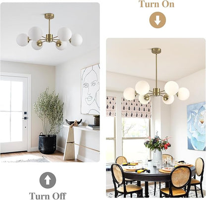 KCO Lighting Gold Sputnik Chandelier 6 Lights Milk Glass Chandelier Brass Kitchen Ceiling Light White Globe Pendant Light Mid Century Modern Dining Room Light Fixtures