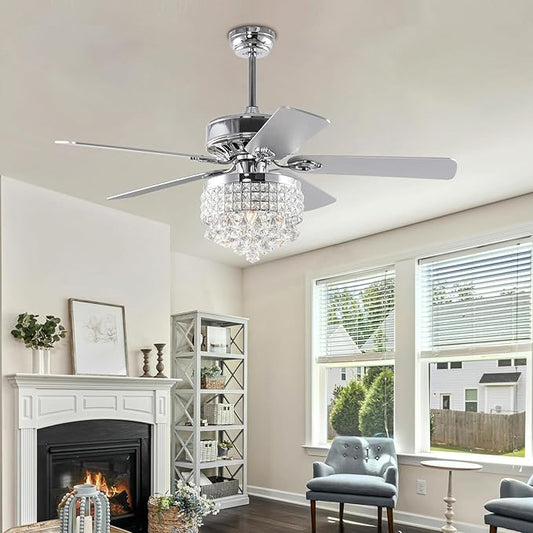 52Inch Crystal Ceiling Fan with Lights, 5 Wood Blades and Gorgeous Light Fixture, Modern Fandelier Ceiling Fan with Noiseless Motor, Chandelier Fan with Remote for Bedroom,Living Room