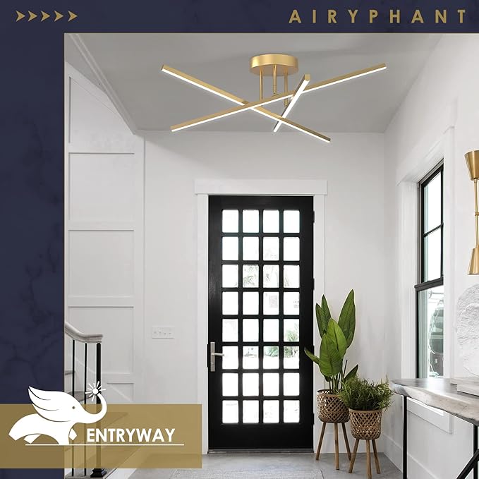 Gold LED Chandelier, 3-Lights Modern Semi Flush Mount Ceiling Lighting Fixture for Kitchen Dining Room Foyer Entry Bedroom, 23.82” 24W