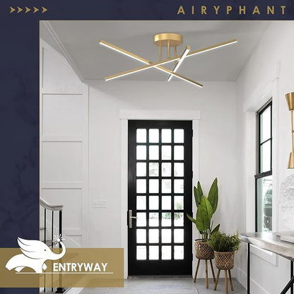 Gold LED Chandelier, 3-Lights Modern Semi Flush Mount Ceiling Lighting Fixture for Kitchen Dining Room Foyer Entry Bedroom, 23.82” 24W