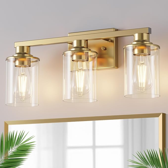 DORESshop 20 Inch Bathroom Light Fixtures, 3-Light Brass Bathroom Lighting Fixtures Over Mirror with Clear Glass Shade, Vanity Lights for Living Room Bedroom, ETL Listed
