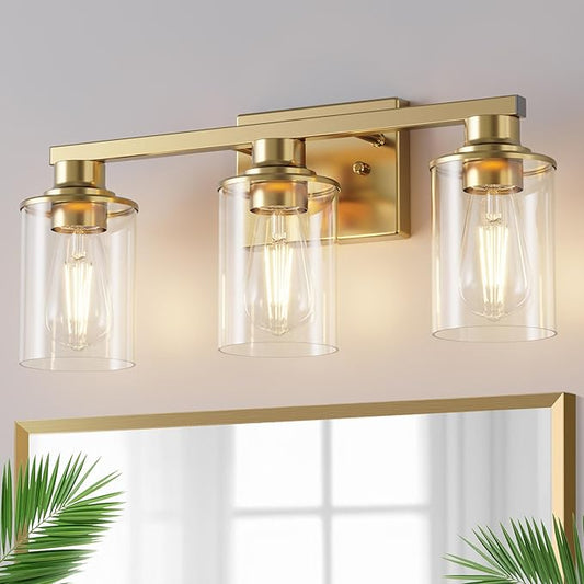 DORESshop 20 Inch Bathroom Light Fixtures, 3-Light Brass Bathroom Lighting Fixtures Over Mirror with Clear Glass Shade, Vanity Lights for Living Room Bedroom, ETL Listed