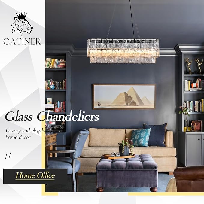 CATINER Black Rectangle Chandeliers for Dining Room Modern Crystal Glass Island Light 6-Light Chandelier Luxury Rectangular Linear Hanging Pendant Light Fixture for Kitchen L35.5”