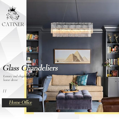 CATINER Black Rectangle Chandeliers for Dining Room Modern Crystal Glass Island Light 6-Light Chandelier Luxury Rectangular Linear Hanging Pendant Light Fixture for Kitchen L35.5”
