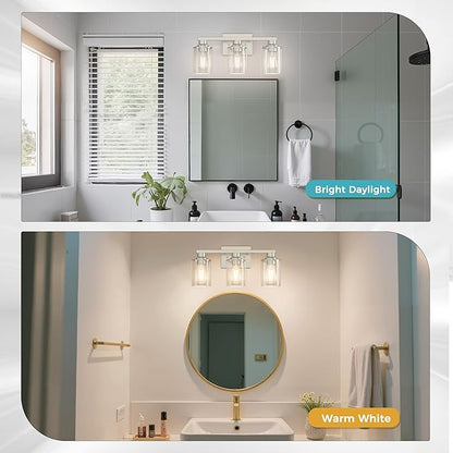 DORESshop 17 Inch Bathroom Light Fixtures, 3-Light Nickel Bathroom Lighting Fixtures Over Mirror with Clear Glass Shade, Vanity Lights for Living Room Bedroom