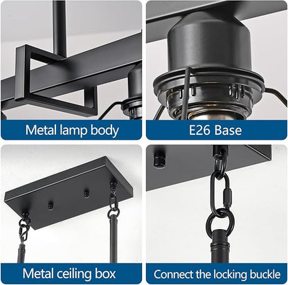5-Light Modern Farmhouse Island Lighting, Adjustable Height Black Rustic Chandelier with Matte Black Geometric Shade, E26 Base Hanging Light for Dining Room Over Table