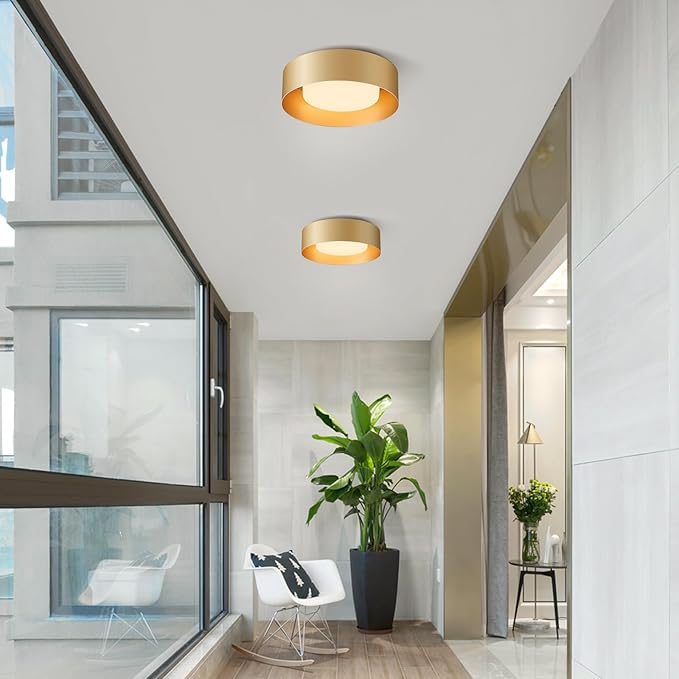 Yiisem Glass Gold Flush Mount Ceiling Lights, Modern Round Ceiling Lighting, Minimalist Drum Close to Ceiling Light Fixtures for Bedroom, Dining Room, Bathroom, Hallways, Laundry Room