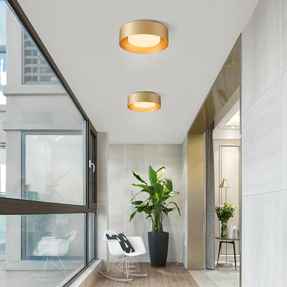 Yiisem Glass Gold Flush Mount Ceiling Lights, Modern Round Ceiling Lighting, Minimalist Drum Close to Ceiling Light Fixtures for Bedroom, Dining Room, Bathroom, Hallways, Laundry Room