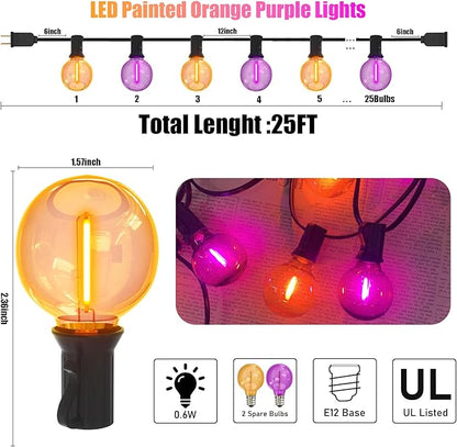 Purple and Orange Christmas Lights, 25FT 27 Count Christmas G40 LED String Lights, Indoor Decoration Lights for Outdoor Patio Home Party Garden Yard-Black Wire