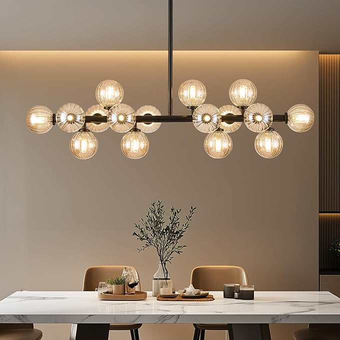 Glass Globe Sputnik Chandelier, 16-Light Mid Century Modern Light Fixture Over Table, Linear Chandeliers for Dining Room, Kitchen Island, Black and Amber Bubble, 40 Inch, GC-02