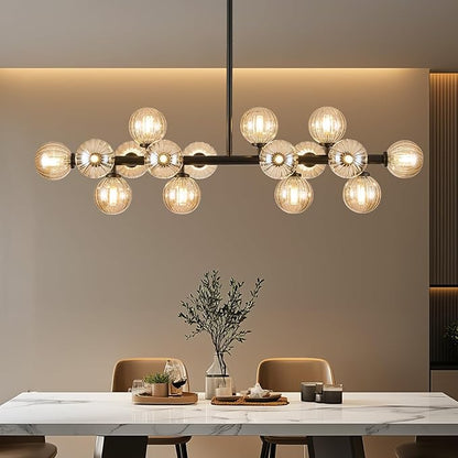 Glass Globe Sputnik Chandelier, 16-Light Mid Century Modern Light Fixture Over Table, Linear Chandeliers for Dining Room, Kitchen Island, Black and Amber Bubble, 40 Inch, GC-02