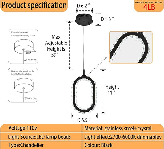 Black 1 Ring Pendant Lights Kitchen Island Single Head Crystal Chandeliers Foyer Entrance Modern LED Dimmable Chandeliers