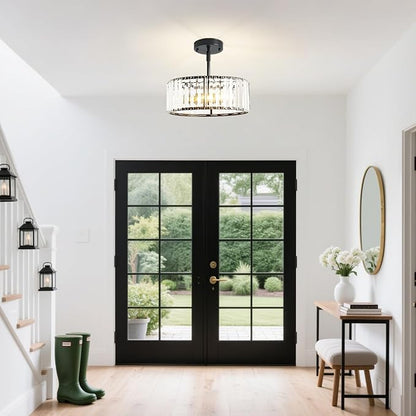 Black Crystal Chandelier for Dining Room,Modern Semi Flush Mount Ceiling Light Fixtures,3-Ligh Round Kitchen Hanging Drum Pendant Light Fixture for Hallway Entryway Foyer Laundry Room, 12''
