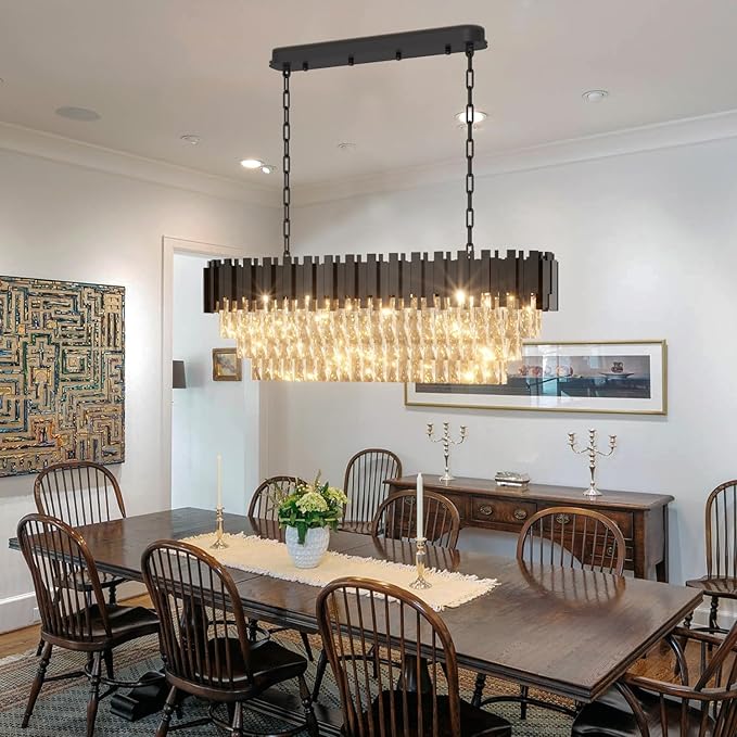 40" Black Rectangular Crystal Chandelier for Dining Room, 10-Light Luxury Crystal Raindrop Chandeliers, Adjustable Height Chandelier for Staircase, Living Room, Foyer