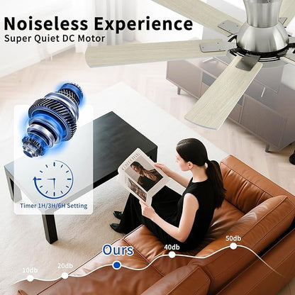 52 Inch Brushed Nickel Ceiling Fans with Lights and Remote,Flush Mount Low Profile 6 Blades Ceiling Fan with 10 Inch Lighting Fixture,Quiet Reversible DC Motor for Living Room,Bedroom and Patio