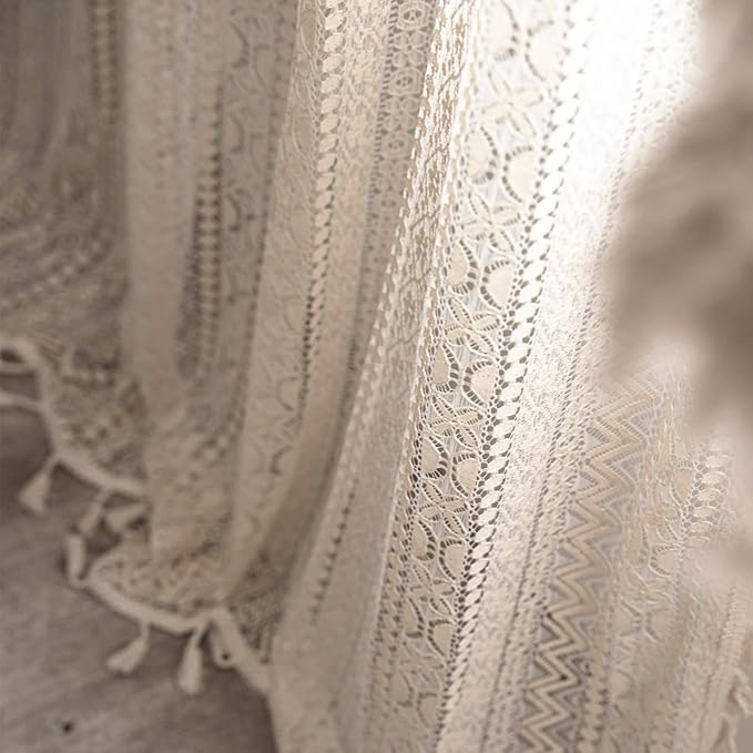 Sutuo Home Crochet Boho Curtain 84 Inches Length, Sheer Lace Handmade Tassels Knitted Window Treatment Vintage Rustic Bohemian Farmhouse Drape for Bedroom Rod Pocket 1 Panel 59" W x 84" L, Beige Wave