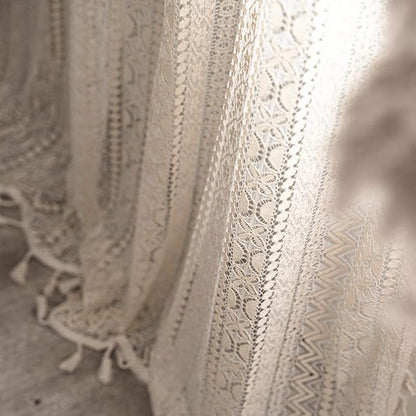 Sutuo Home Crochet Boho Curtain 84 Inches Length, Sheer Lace Handmade Tassels Knitted Window Treatment Vintage Rustic Bohemian Farmhouse Drape for Bedroom Rod Pocket 1 Panel 59" W x 84" L, Beige Wave