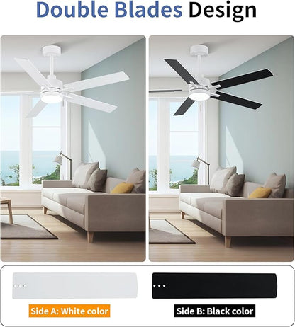LANMEL 52'' White Ceiling Fans with Lights and Remote, 6 Speed Low Profile Modern Ceiling Fan with Quiet DC Motor for Indoor Outdoor Bedroom Living Room